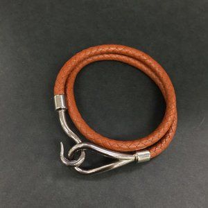 HERMES Jumbo Double Wrap Bangle Bracelet Leather Silver Brown Tone